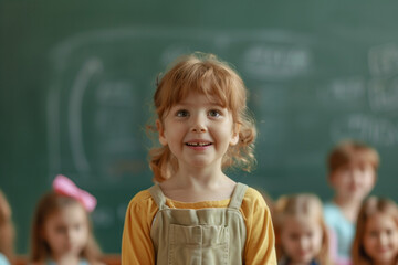 Child on the blackboard excited to participate in class activities with classmates
