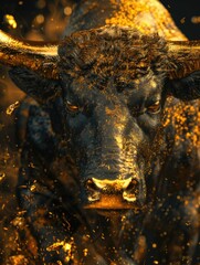 A close-up view of a bull with dirt and debris on its face, perfect for use in agricultural or nature-themed contexts