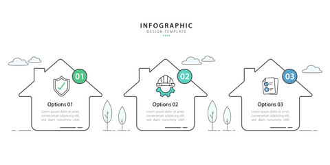 Infographic 3 Step  Flat simple infographics design template. Home management concept with 3 options, House vector illustration.