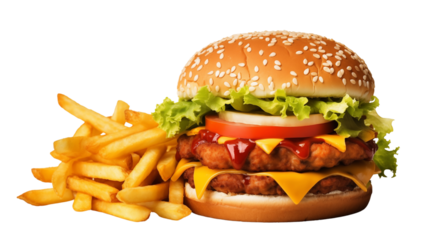 Delicious zinger burger and french potato fries transparent background.
