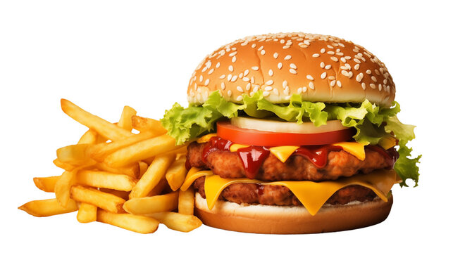 Delicious zinger burger and french potato fries transparent background.