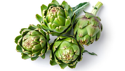 Fresh Artichokes and half isolated on white background closeup. Top view. Flat lay