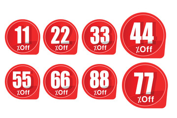 Different percent discount sticker discount price tag set.up to 11, 22, 33, 44, 55, 66, 77 , 88 percentage vector illustration ,