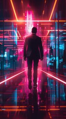 A driven suit clad executive confidently navigating the labyrinthine neon lit corridors of a futuristic high tech corporate headquarters their stride exuding power and authority rendered in a gritty 