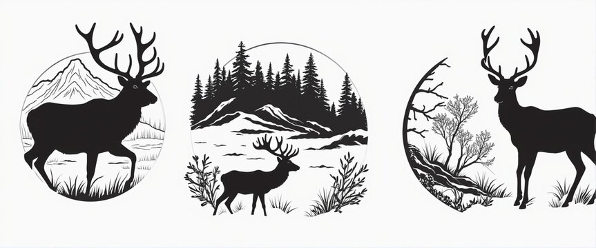 Vector collection of black silhouette deer icons in a forest setting