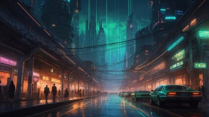 Obraz premium Illustration sketches, night cityscape cyber punk style
