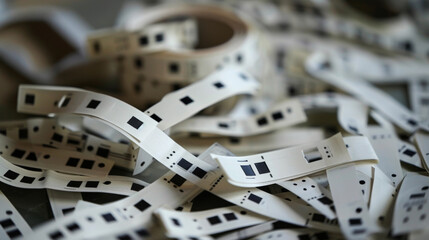 Strips of paper tape with Morse code dots and dashes imprinted, either being fed through a machine or scattered around the workspace.