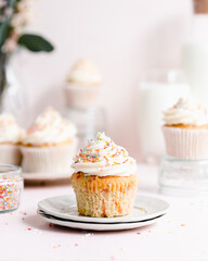 Funfetti Cupcakes on a pink backdrop