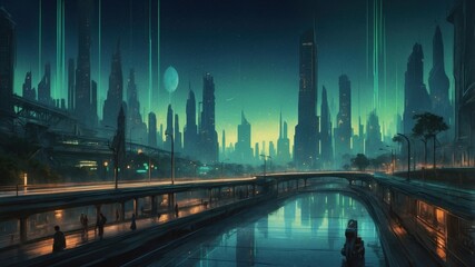 Obraz premium Illustration sketch, night neon futuristic cityscape and highway