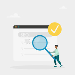 SEO optimization. An analyst who works with website data, analyzes search queries and selects keywords. Vector illustration	