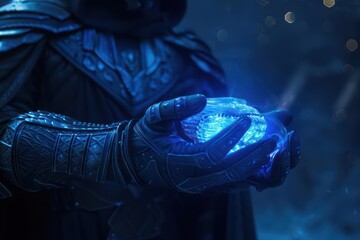 A strange sorcerer presents a glowing, enchanted trophy to a mystical creature in a dazzling, hightech arena, with copy space