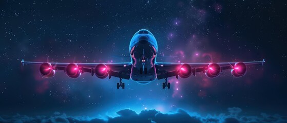 A surreal aircraft with glowing wings and ethereal propellers soars through a starry sky, merging supernatural flight with advanced aeronautics in high tech, with copy space