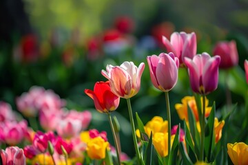 A cluster of vibrant flowers, including daisies and tulips, bloom in tall green grass on a sunny day, Blooming flowers in a vibrant garden