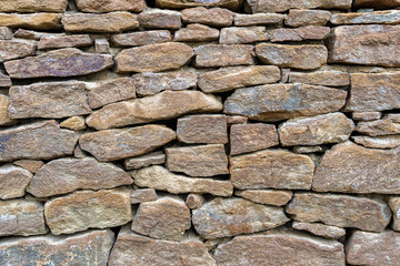 Wall from various flat stone. Background front close-up.