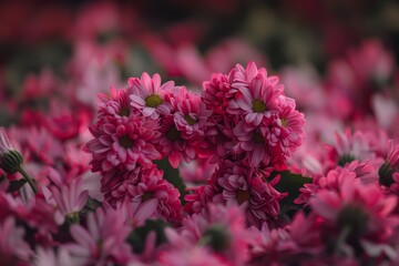 A cluster of pink flowers blossoming outdoors in a field, Blooming flowers in the shape of a heart, surrounded by petals