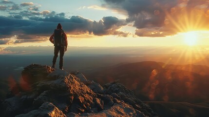 Obraz premium A lone hiker, silhouetted against the setting sun, stands on a windswept mountain peak, gazing at the vast panorama below Cinematic lighting, dramatic clouds