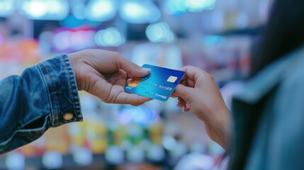 Close-up of two hands exchanging a credit card against a blurry city lights background
