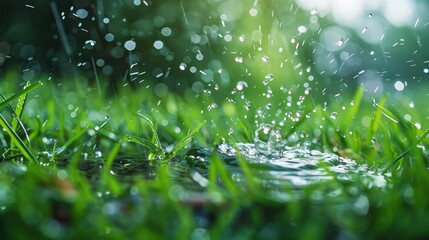 Water rain splash on green grass in nature background,
