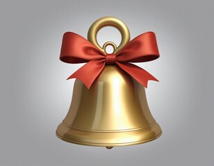 Vintage golden Christmas bell with red ribbon and school bell charm isolated on a transparent background