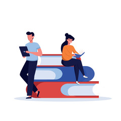 People sitting on books reading books