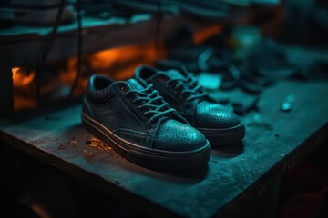 An enchanted cobbler s workshop where shoes are crafted with mystical materials that change color and shape