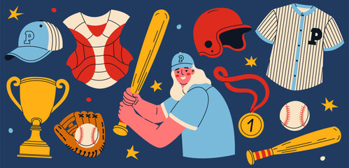 Collection of baseball equipment and clothes. Young woman playing baseball. Uniform, glove, helmet, cap, bat, ball and awards isolated on dark background.