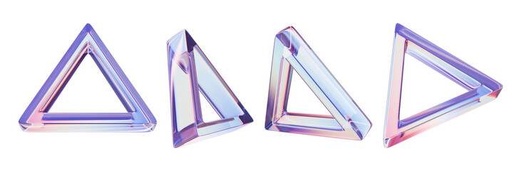 3D transparent triangle set, glasses geometric abstract pyramid shape render icon, crystal prism. Futuristic holographic plastic effect object, purple glossy different angle view. Rainbow 3D triangle