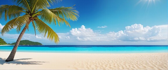 Fototapeta premium Illustration of a colorful cartoon design featuring a tropical palm tree on a sandy beach with clear blue skies and a sunny day, perfect for a holiday poster or vacation banner