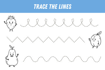 Tracing lines for kids. Cute cartoon fruits. Strawberry, apricot, pear. Handwriting practice. Educational game for preschool kids. Activity page. Vector