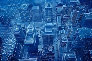 A dense cityscape filled with towering skyscrapers and high-rise buildings against the skyline, Blueprint design showcasing a modern cityscape