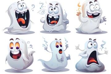 Obraz premium Playful cartoon ghosts expressing various emotions, from joy to surprise, over a white background.