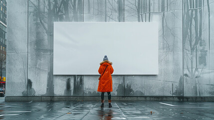 the woman in an orange coat is holding up a large blank sign, in the style of new american documentary photography