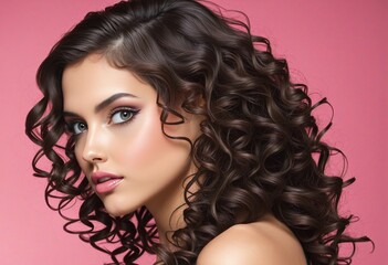 Beautiful young brunette woman with curly hair lying on the studio floor in a closeup portrait, showcasing her attractive profile and modern glamour styling against a white background