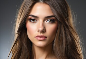 Fototapeta premium Beautiful adult female with brown hair in her 20s, glowing skin, and a natural profile, showcasing contrast and glamour in a luxurious hairdressing salon setting