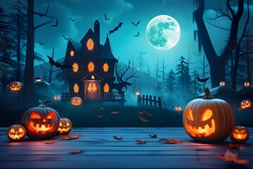 Spooky haunted house with glowing jack-o'-lanterns and full moon on a misty Halloween night.