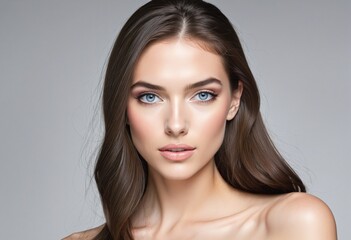 Naklejka premium Beautiful brunette woman with a captivating smile and elegant eye makeup, showcasing her shiny, healthy hair and colourful lips in a clean and fresh portrait