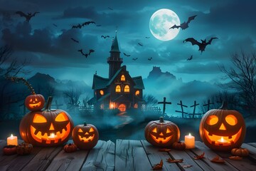 Fototapeta premium Spooky Halloween night with glowing pumpkins, haunted house, full moon, and bats filled sky.