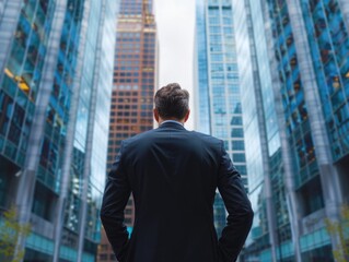 Fototapeta premium A professional man stands outside tall buildings, perhaps on his way to work or meeting