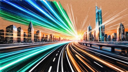 Fototapeta premium Illustration sketch, night neon futuristic cityscape and highway