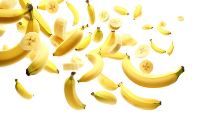 Flying delicious banana slices transparent background.