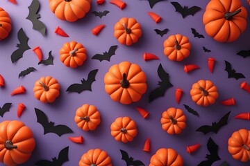 Festive Halloween background with pumpkins, bats, and candy on a vibrant purple backdrop.