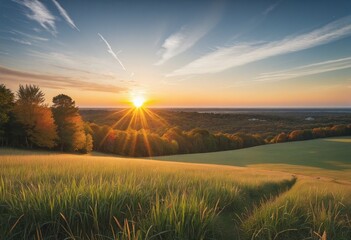 Serene autumn landscape with a stunning sunrise over a peaceful meadow