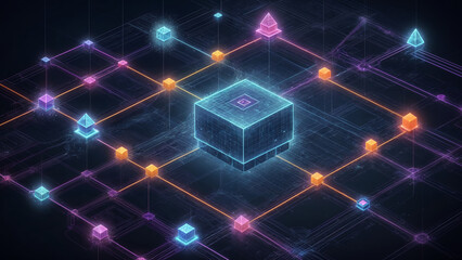 A Digital Perspective of Blockchain Technology, Captured in Horizontal Photography. This Futuristic Image Highlights Key Elements of Security, Networking, and Finance. The Concept Emphasizes the Role 