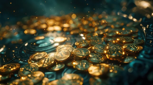 In a mystical realm, a strange banker conjures gold coins from thin air using enchanted tablets in a hightech vault, with copy space