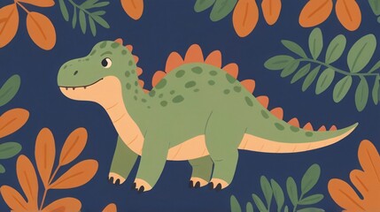flat illustration cute dino with jungle background