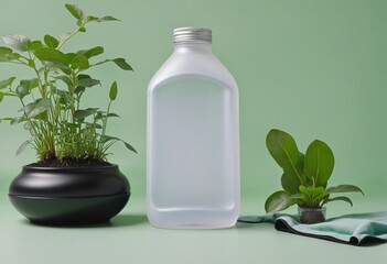 A jug of antibacterial plant treatment is placed on a wooden table next to a leafy green herb