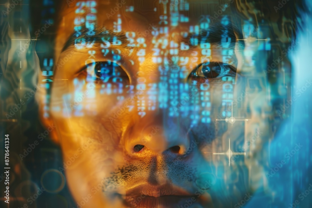 Poster a mans face is centered in front of a digital background, merging human and machine elements seamles