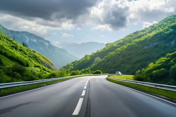 A long road with a mountain range in the background. The road is empty and the sky is cloudy