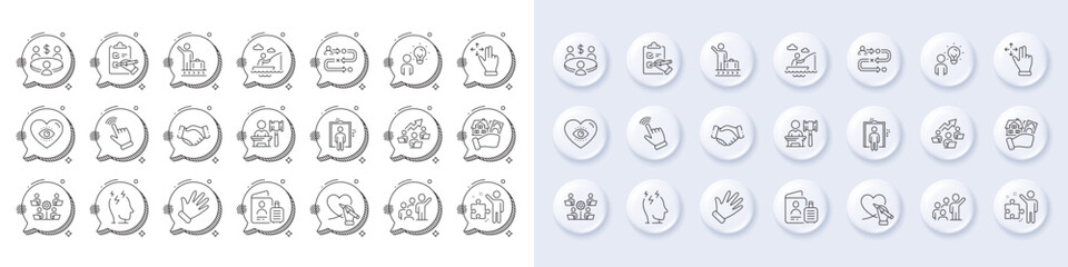 Journey path, Teamwork and Buying house line icons. White pin 3d buttons, chat bubbles icons. Pack of Move gesture, Meeting, Auction icon. Stress, Hand, Group people pictogram. Vector