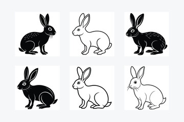 Hare silhouette set. Vector illustration black and white